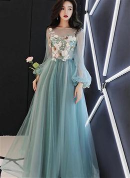 Picture of Fashionable Light Green Tulle Long Sleeves Prom Dresses, A-line Party Dresses with Lace Applique